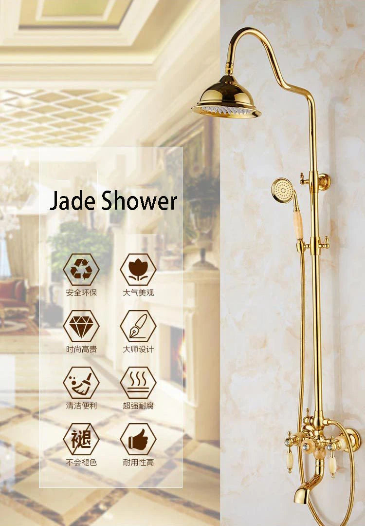 Brass Jade Shower Faucet Wall Mount Rose Gold
