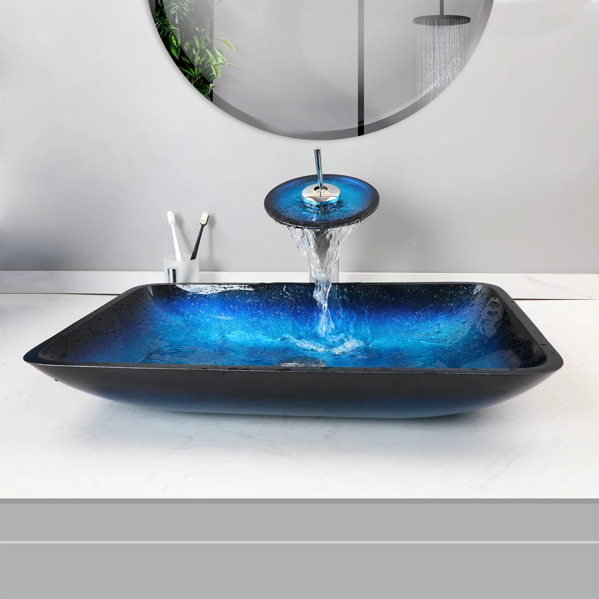 Zappo Tempered Glass Bathroom Vessel Sink Waterfall Black