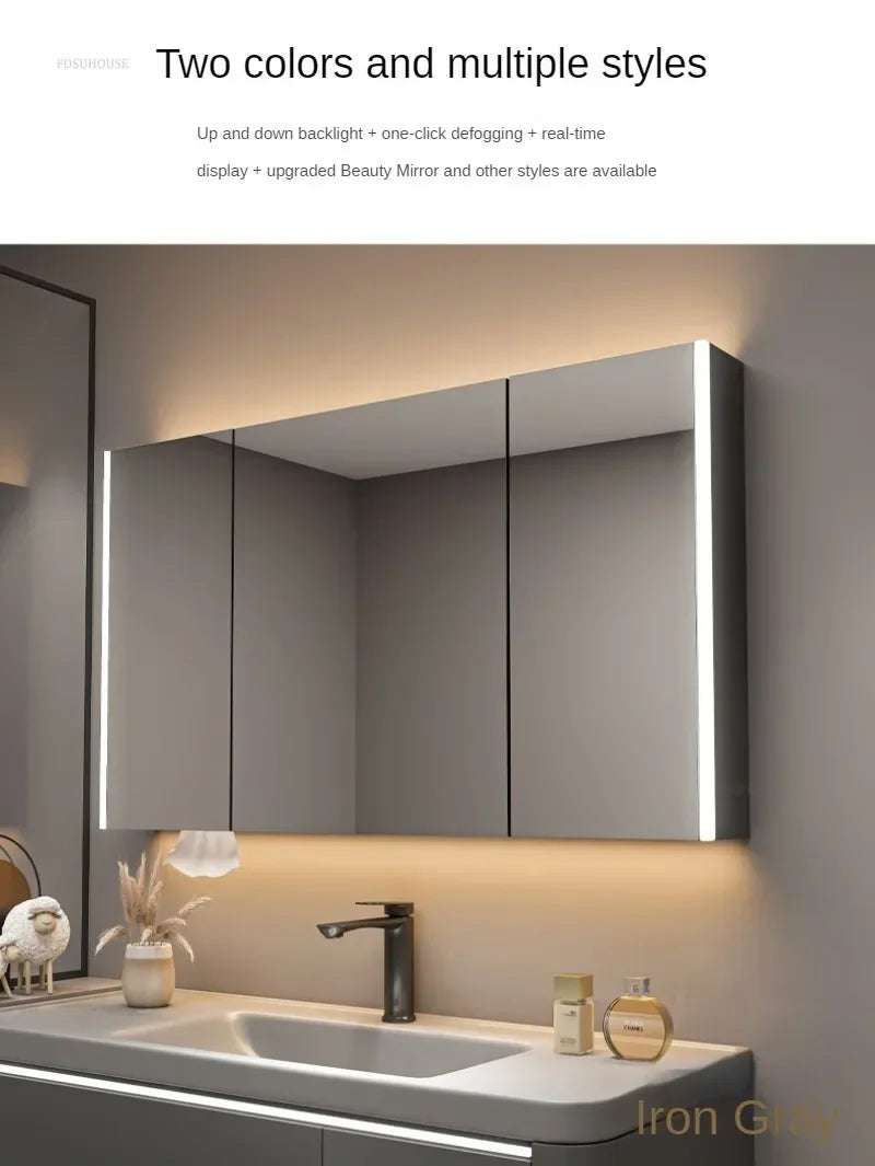 Modern Solid Wood Smart Bathroom Mirror Cabinet Light