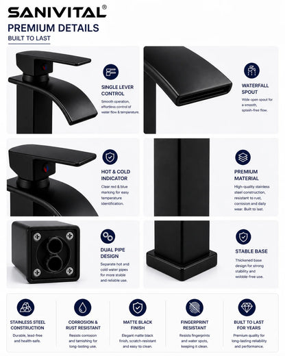 Sanivital Matte Black Stainless Steel Waterfall Bathroom Basin