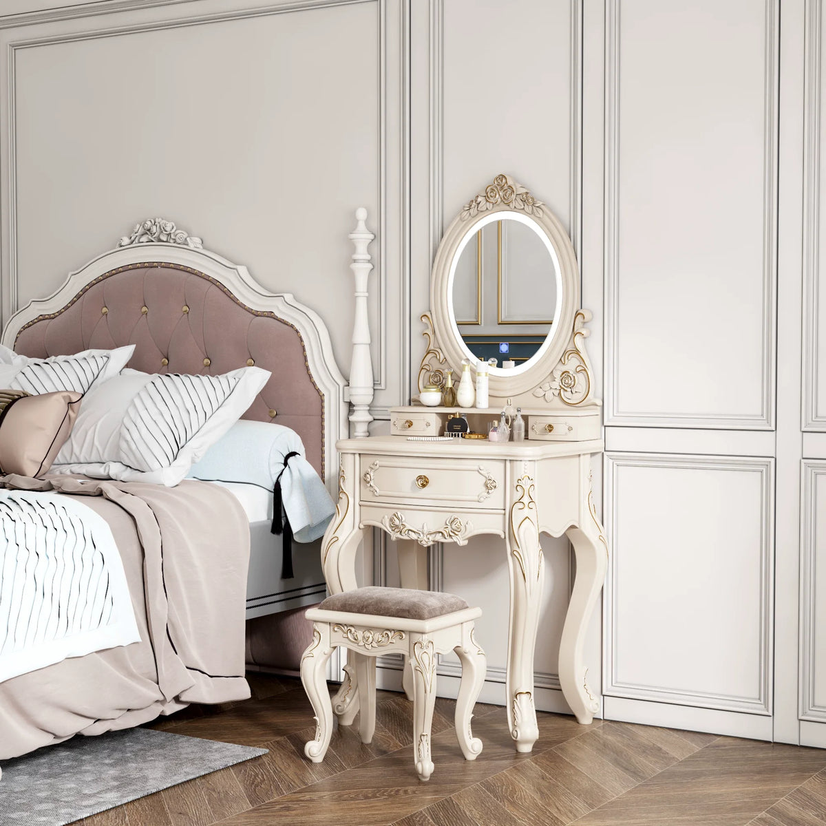 European Dressers Vanity Mirror White Makeup Desk Drawers