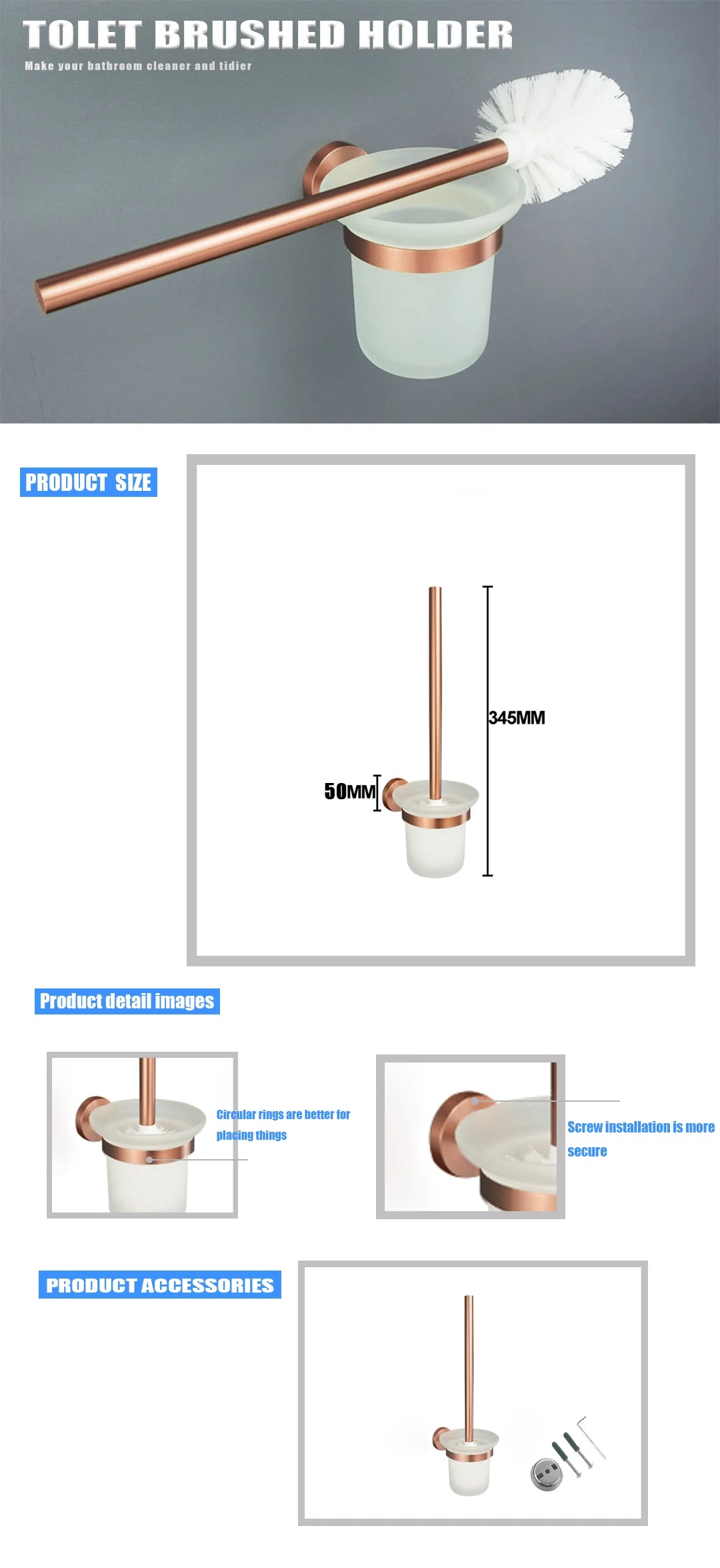 Brushed Rose Gold Brass Knurling Toilet Brush Holder