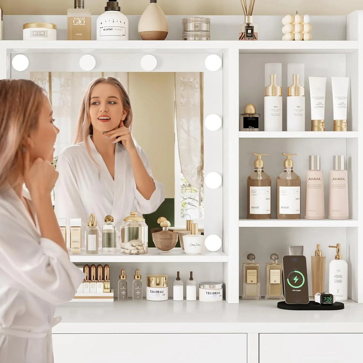 Makeup Vanity Lighted Mirror & Power Outlet Drawers