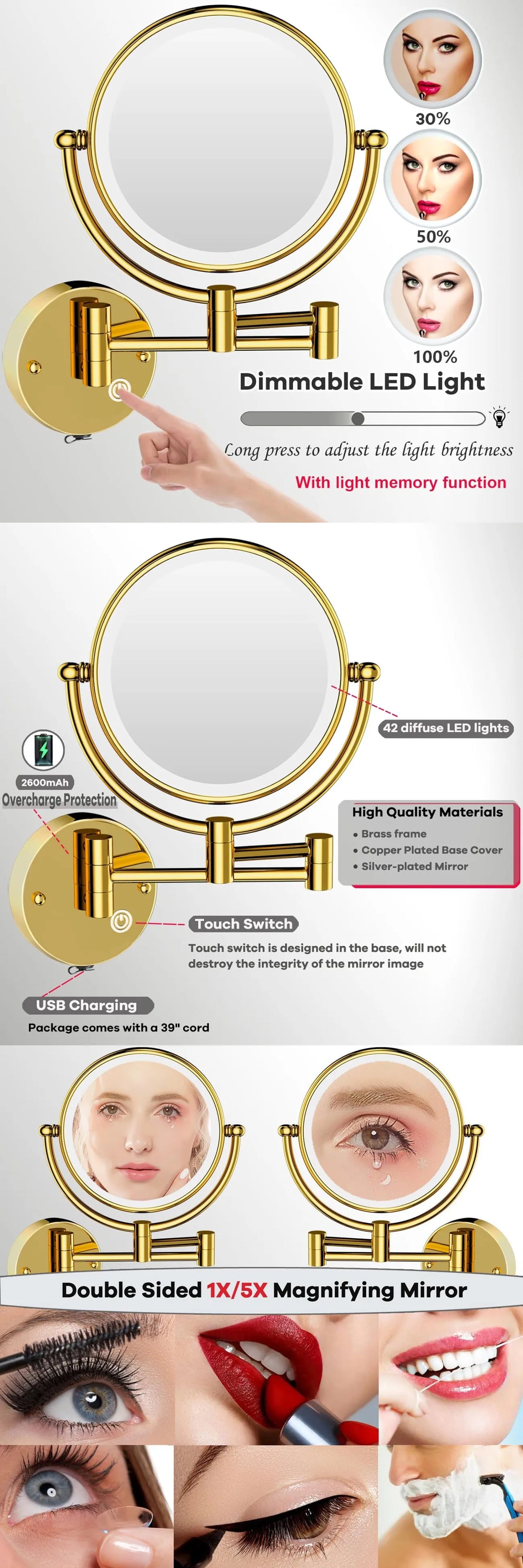 Brushed Gold Led Folding Touch Bathroom Mirrors Of