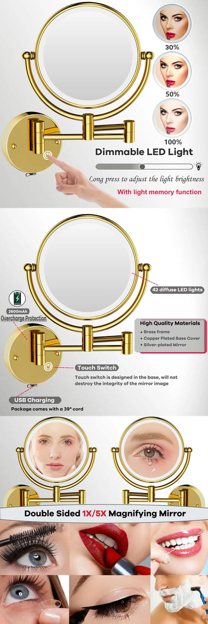 Brushed Gold Led Folding Touch Bathroom Mirrors Of