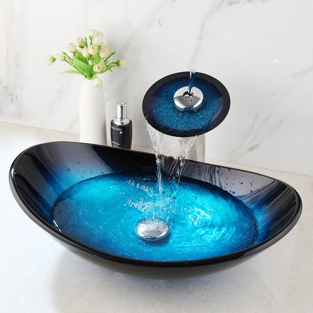 Zappo Tempered Glass Bathroom Vessel Sink Waterfall Black