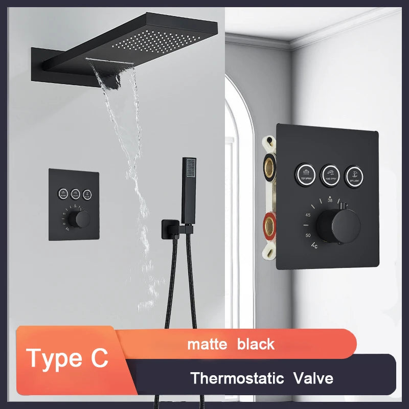 Black Bathroom Thermostatic Faucet Rainfall Waterfall Shower
