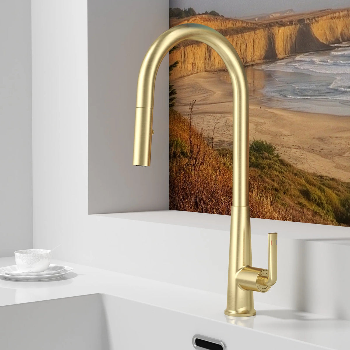 Brushed Gold Faucet Pull Out Sprayer Cold Water