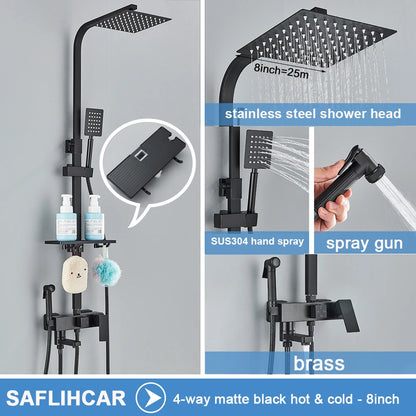 Black/Chrome Brass Shower Faucets Rainfall Shower Shelf Cold