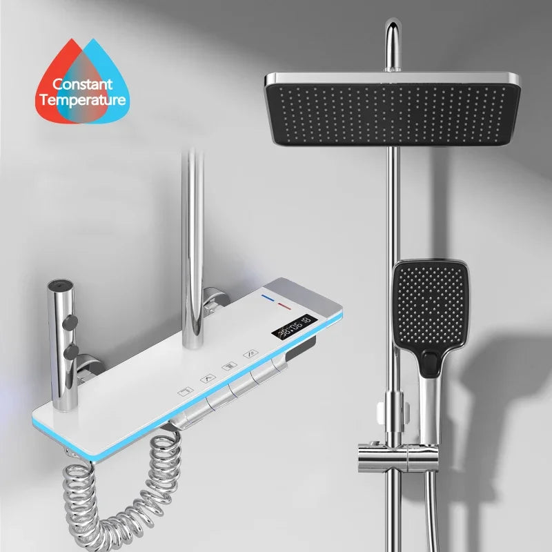 Bathroom Luxury Shower System Lights Tempered Glass Piano