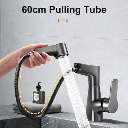 Dual-Function Pull-Down Bathroom Sink Faucet Adjustable Height