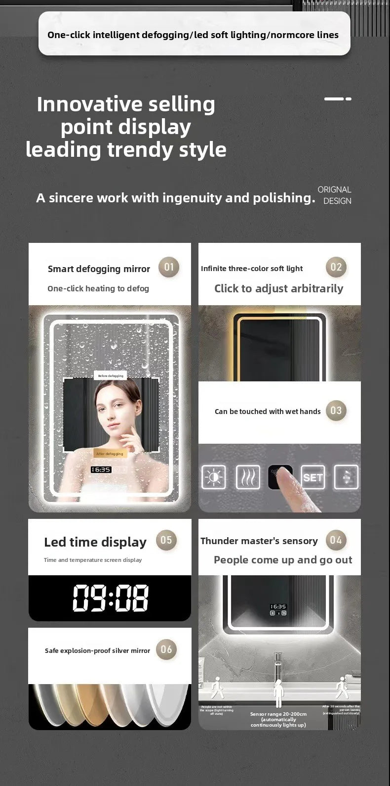 Hotel Bathroom Mirror Square Smart Led Bathroom Light