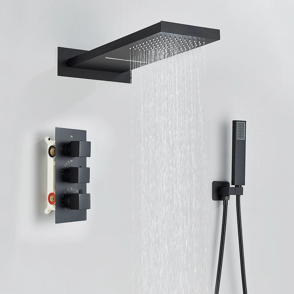 Matte Black Rain Waterfall Shower Thermostatic Mixer Bath