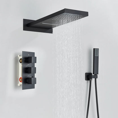 Matte Black Rain Waterfall Shower Thermostatic Mixer Bath