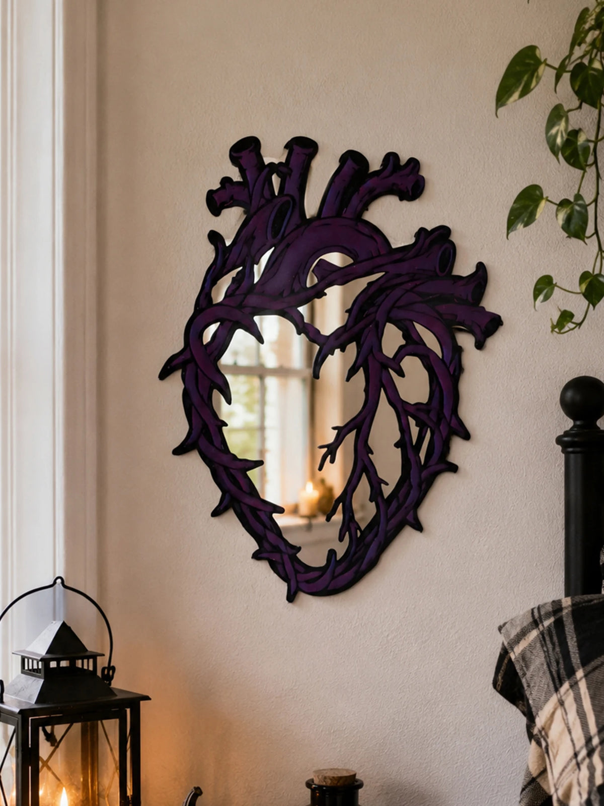 Purple Gothic Barbed Wire Heart Wall Mirror Witchy