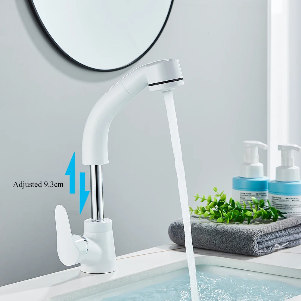 White Pull Out Bathroom Sink Faucet Cold Water