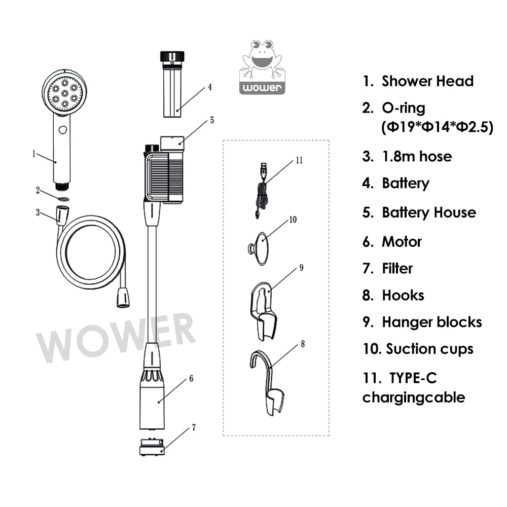 Wower Shower 2200mah Ipx8 Waterproof Electric Shower 2m
