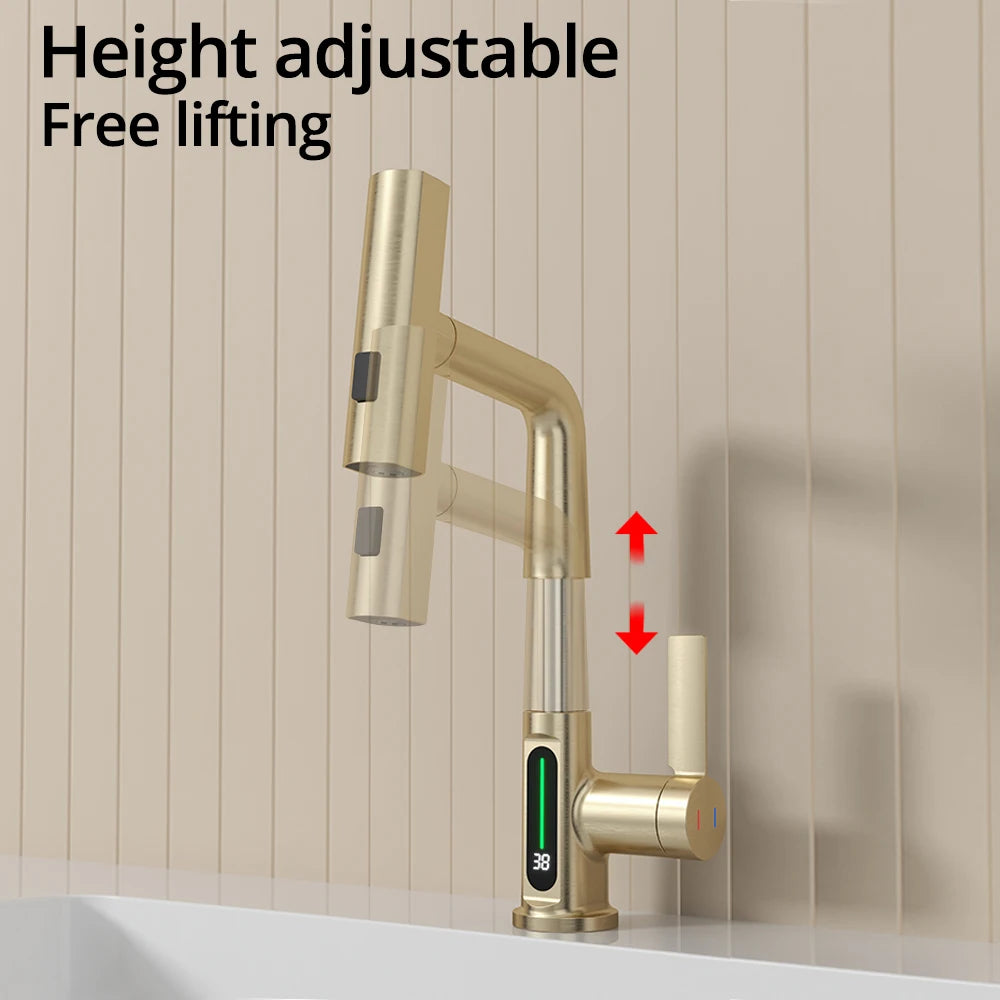 Brushed Gold Basin Faucet Lifting Pull Down Digital