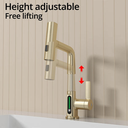 Brushed Gold Basin Faucet Lifting Pull Down Digital