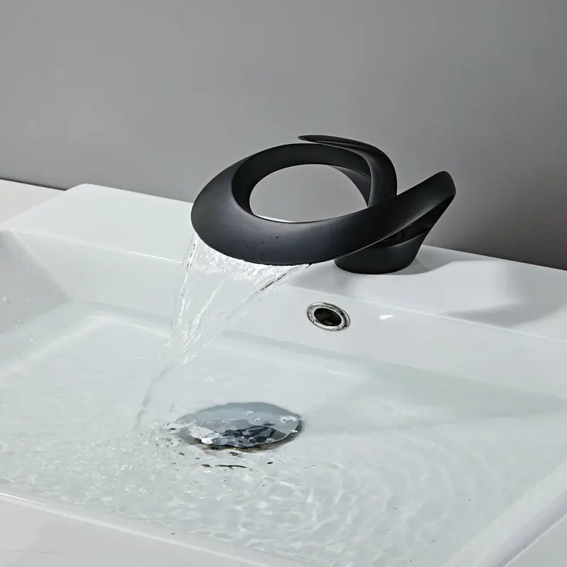 Black Bathroom Basin Taps Handle Waterfall Faucet Solid