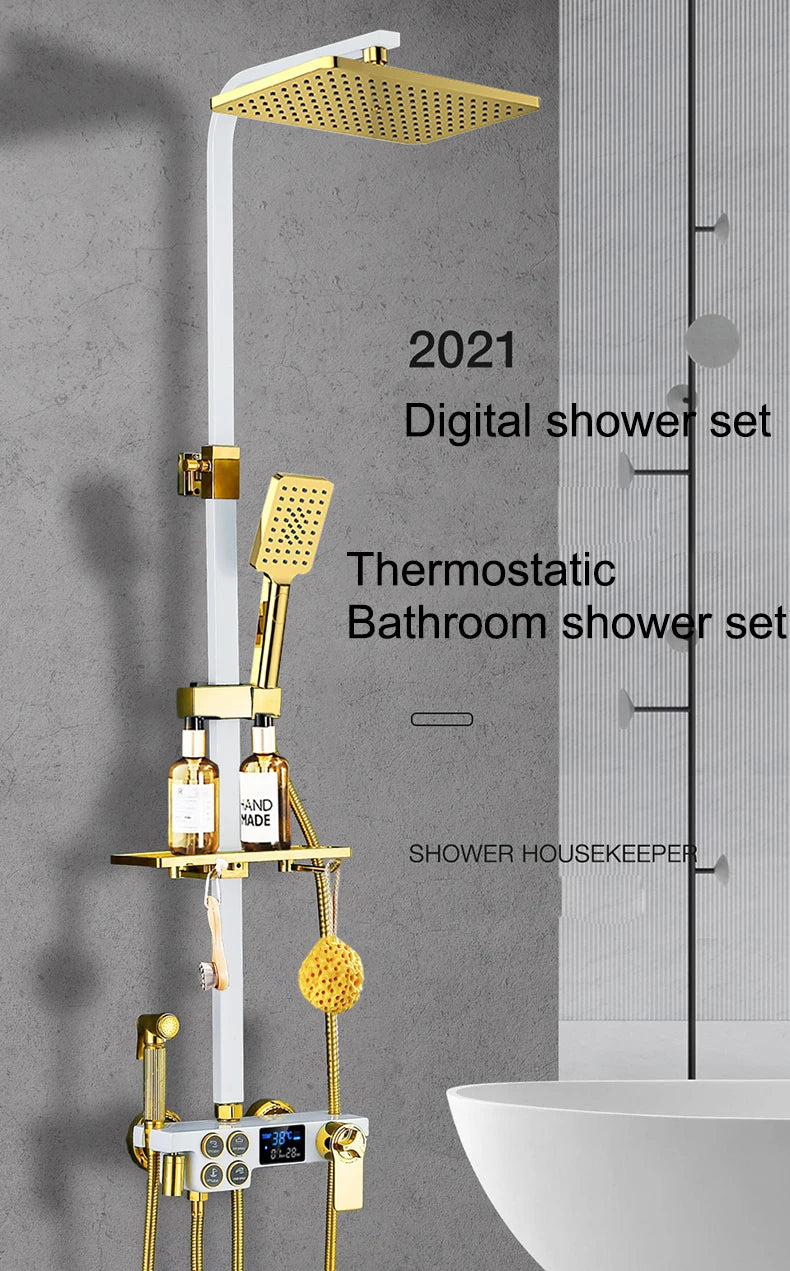 White Gold Thermostatic Shower System Quality Brass Cold