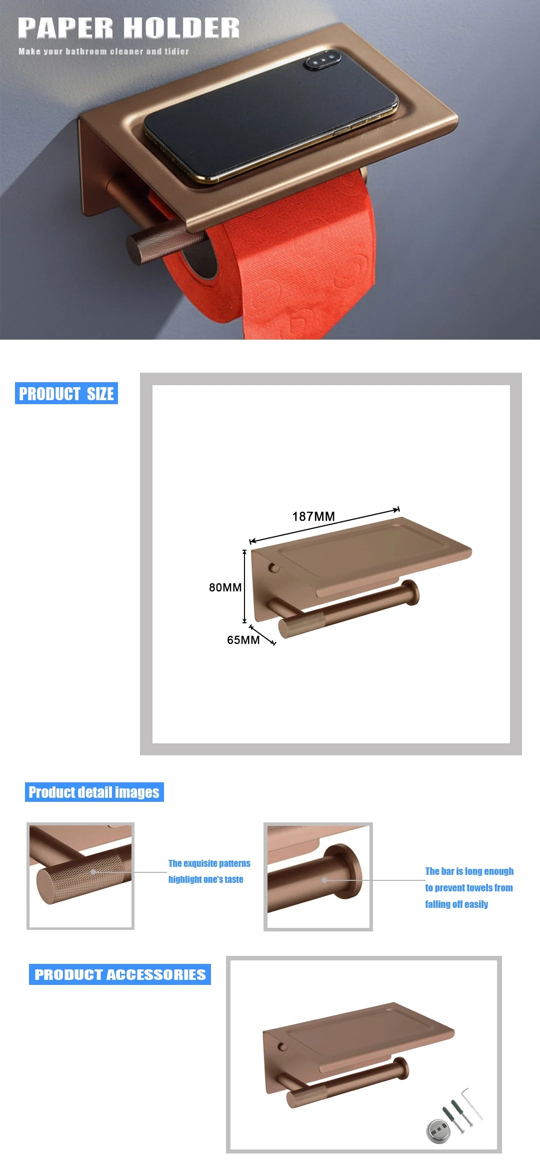 Brushed Rose Gold Brass Knurling Toilet Brush Holder