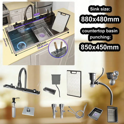 Stainless Steel Sink Digital Display Waterfall Large Slot