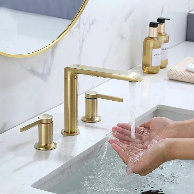 Brushed Gold Bathroom Widespread Basin Faucets Soild Brass