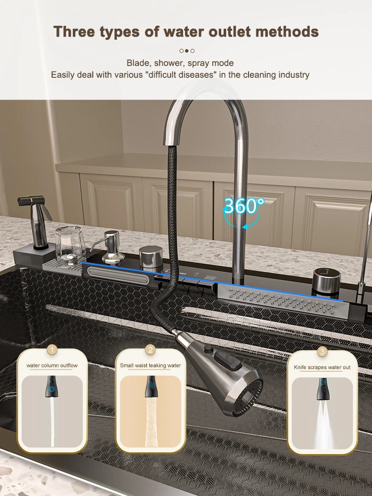 Stainless Steel Waterfall Sink Digital Display Large Slot