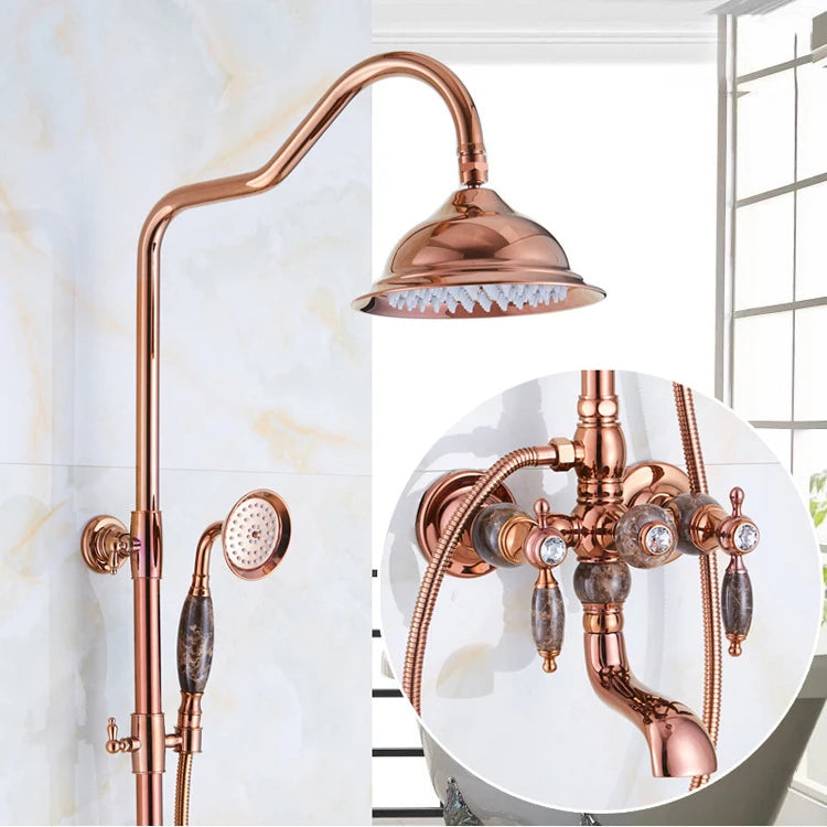 Brass Jade Shower Faucet Wall Mount Rose Gold