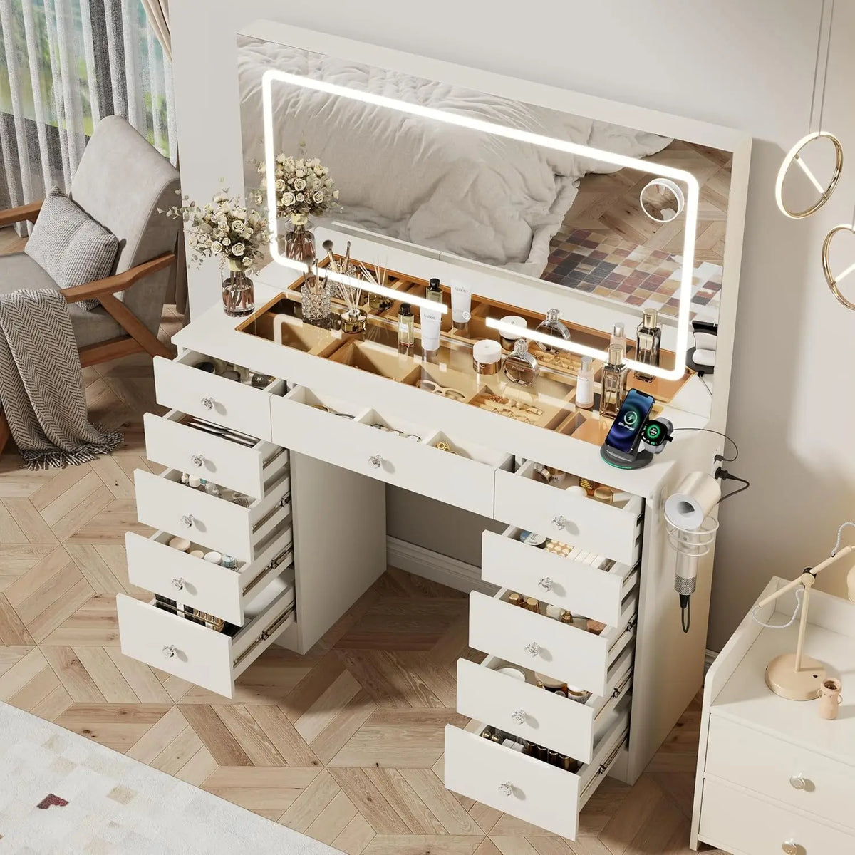 White Vanity Desk Mirror & Led Lights Modes