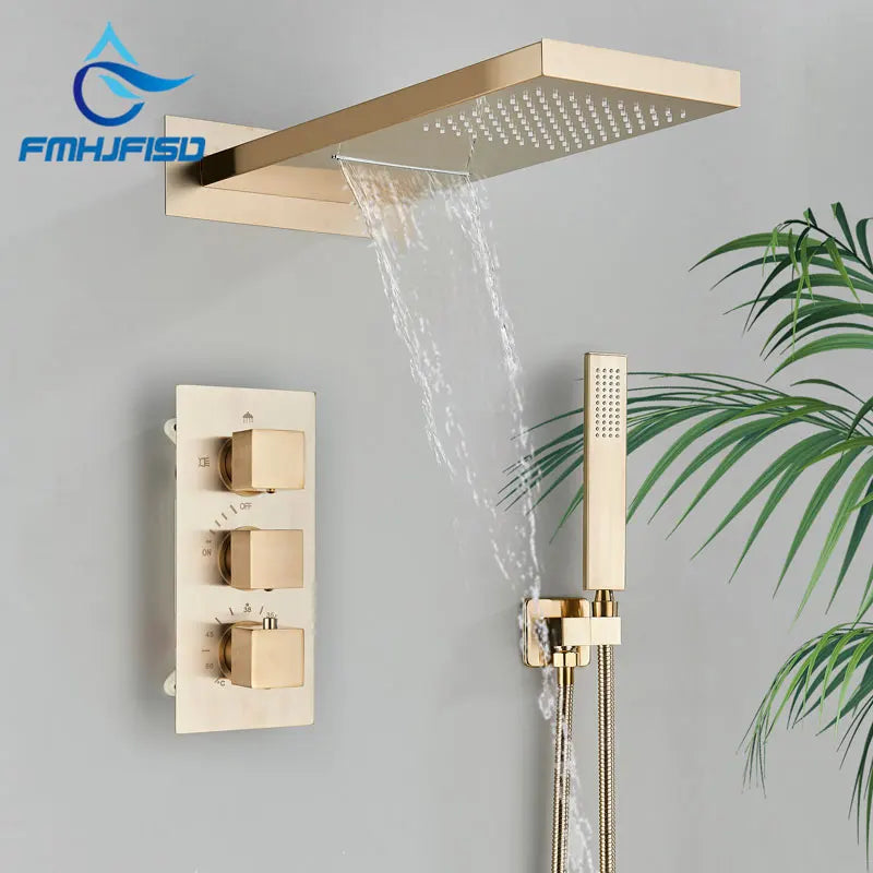 Thermostatic Shower Brushed Gold Bathroom Faucet Cold Mixer