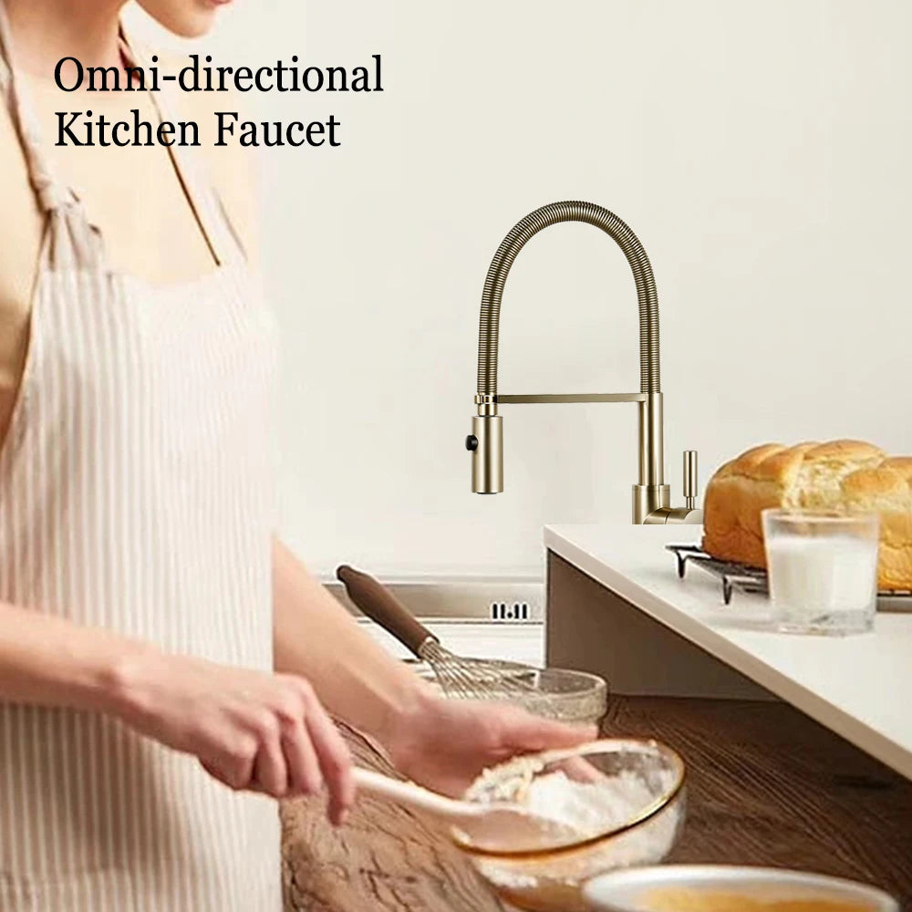 Brushed Gold Faucets Handle Pull Out Mixer Cold