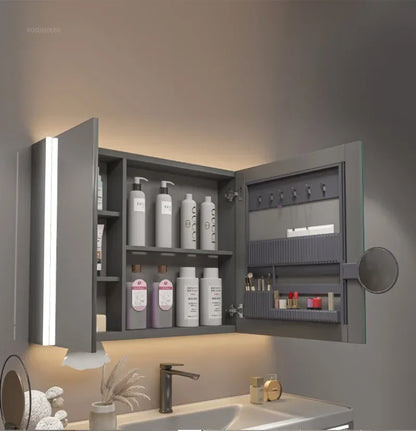 Modern Solid Wood Smart Bathroom Mirror Cabinet Light