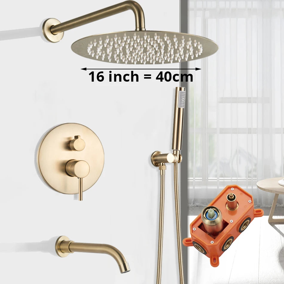 Brushed Gold Shower Faucet Wall Mount Big Rainfall