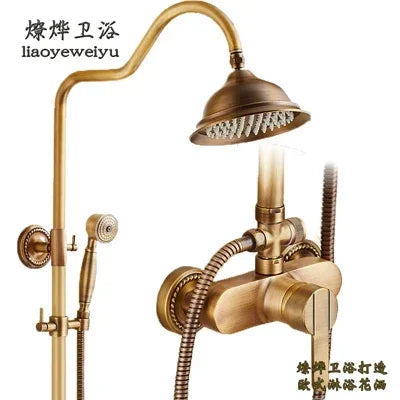 Antique Brass Shower Faucet 8-Inch Rainfall Dual Handle
