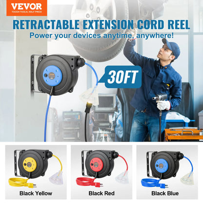 Succebuy Retractable Extension Cord Reel 30ft Lighted Triple