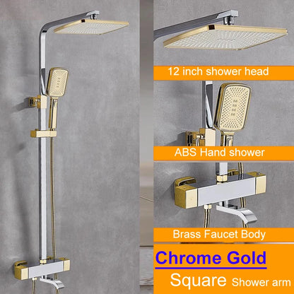 Square Thermostatic Bathroom Shower Quality Brass Cold Gold