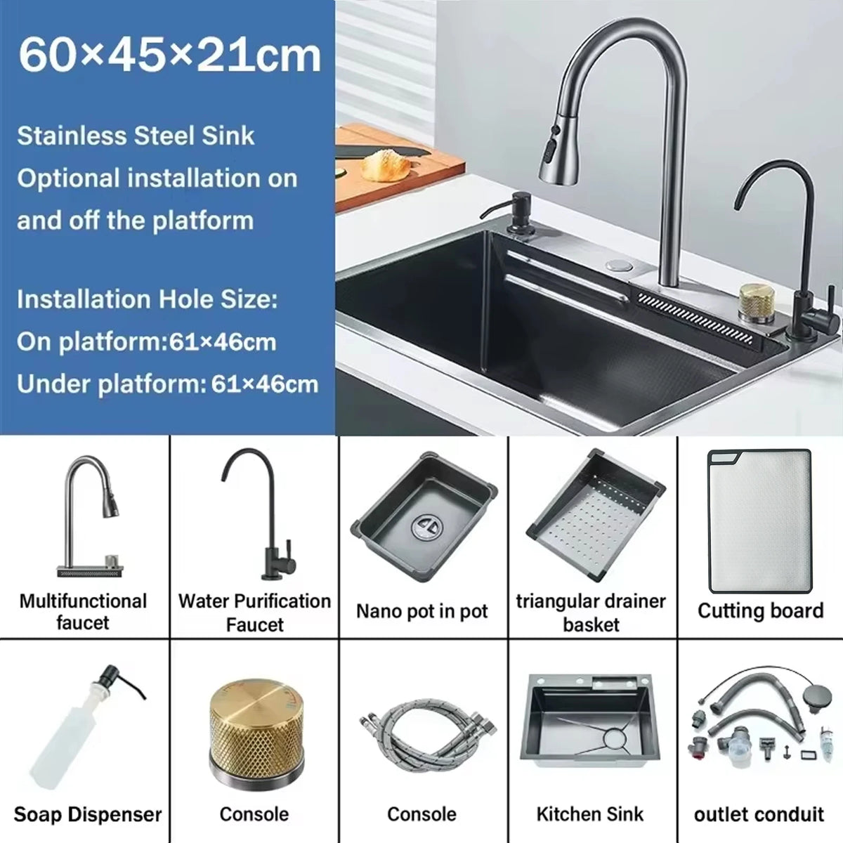 Stainless Steel Waterfall Sink Large Slot Integrated Faucet