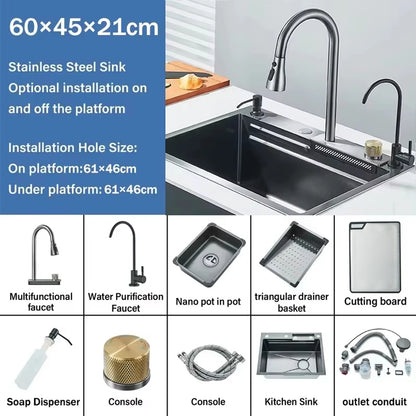 Stainless Steel Waterfall Sink Large Slot Integrated Faucet
