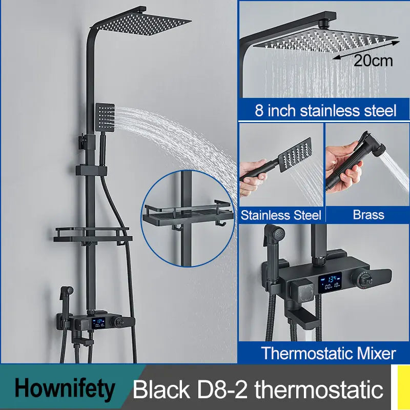 Black Thermostatic Shower Faucets Digital Display Screen Cold