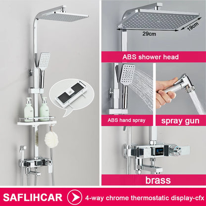 Black/Chrome Brass Shower Faucets Rainfall Shower Shelf Cold