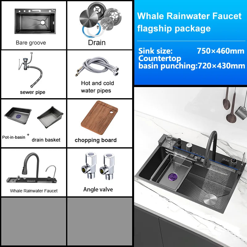 Stainless Steel Waterfall Sink Extra Large Bowl Digital