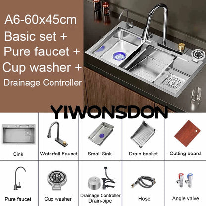 Brushed Nano Sink Waterfall Faucet Large Bowl Cup