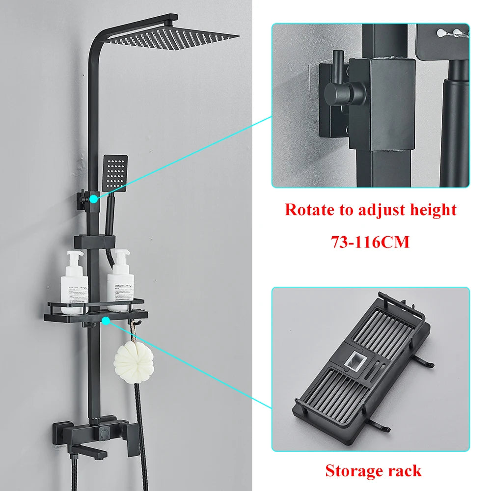 Black Brass Shower Faucet Sets Rainfall Bathtub Tap
