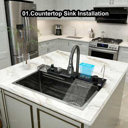 Stainless Steel Sink Digital Display Waterfall Large Slot