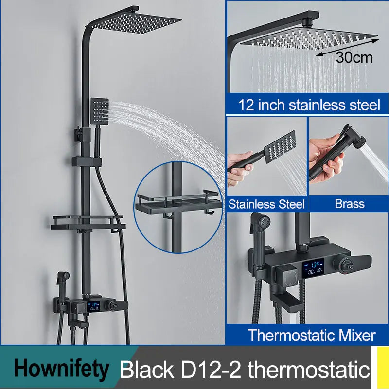 Black Thermostatic Shower Faucets Digital Display Screen Cold