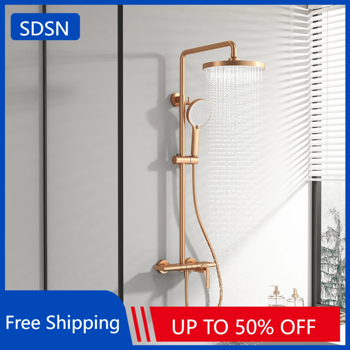 Brushed Rose Gold Bathroom Shower System Faucet 12
