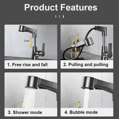Dual-Function Pull-Down Bathroom Sink Faucet Adjustable Height
