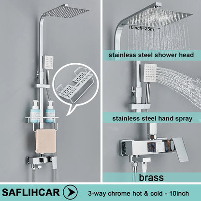 Black/Chrome Brass Shower Faucets Rainfall Shower Shelf Cold